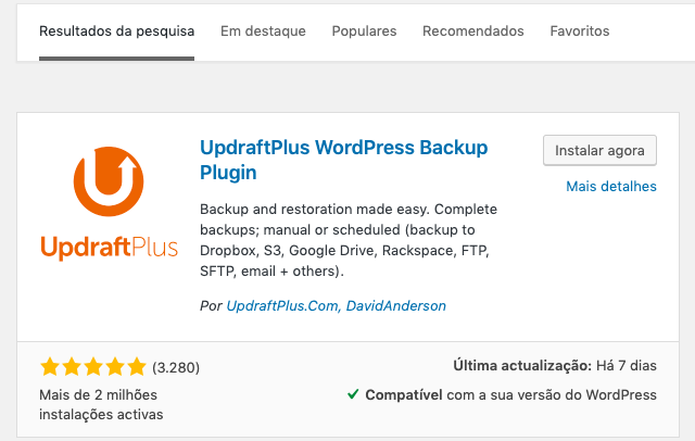 Activar o plugin UpdraftPlus